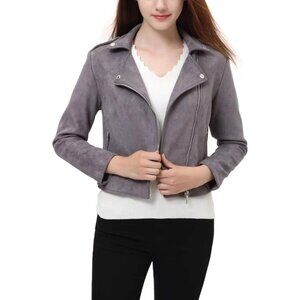 Women's Fall Fashion Faux Suede Leather Casual Moto Biker Jacket Coats Grey